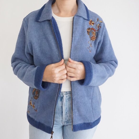 Vintage Teddi Blue Embroidered Floral Zip-Up Fleece Jacket Cozy Cabincore M - Picture 2 of 10